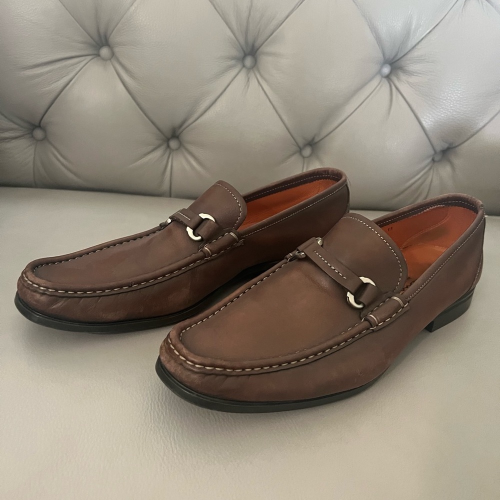 Brown Santoni Italian leather handmade shoes with leather strap  Size:13